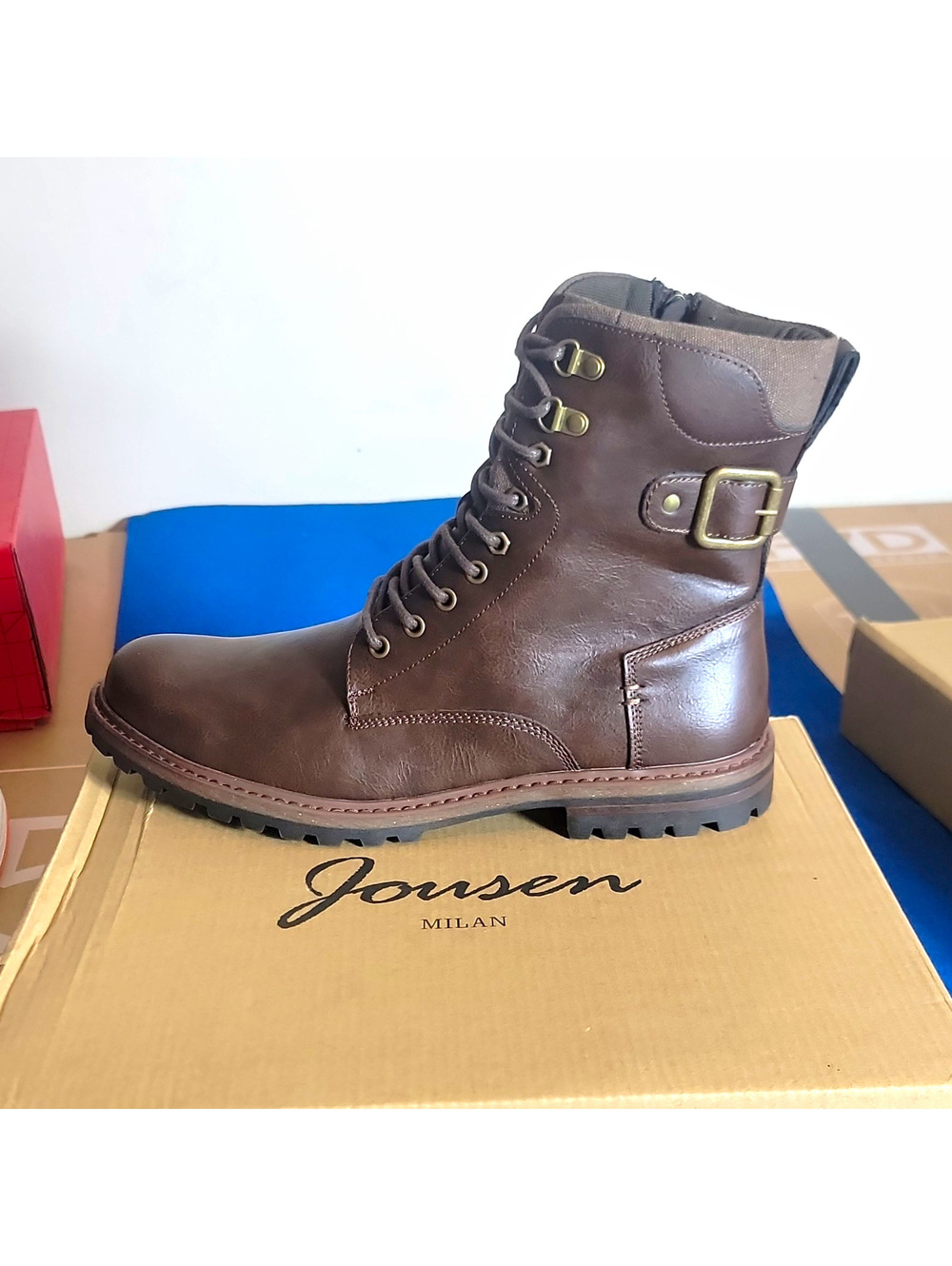 Jousen Men's Brown Leather Combat Ankle Boots Lace-Up Buckle Lugged 10.5